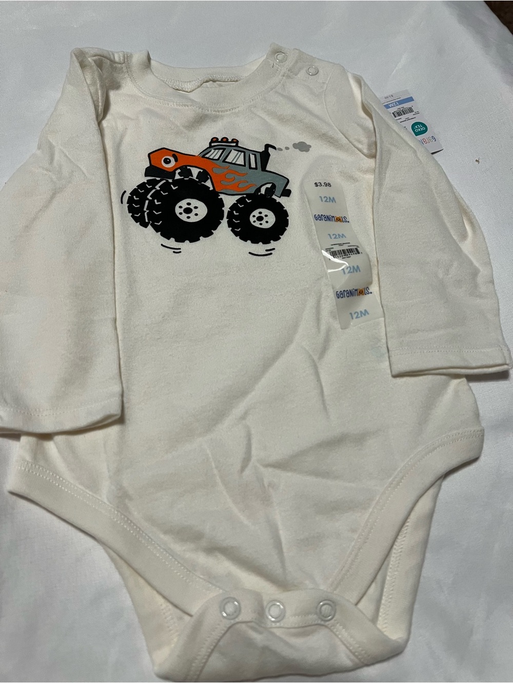 Garanimals Cream Long-Sleeve One-Piece with Orange and Black Monster Truck